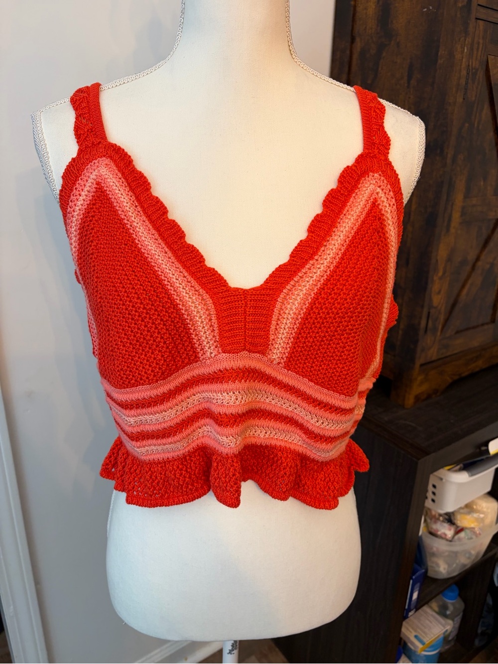 Crocheted Ruffle Bandeau Top in Red & Pink - Women's Summer Knit